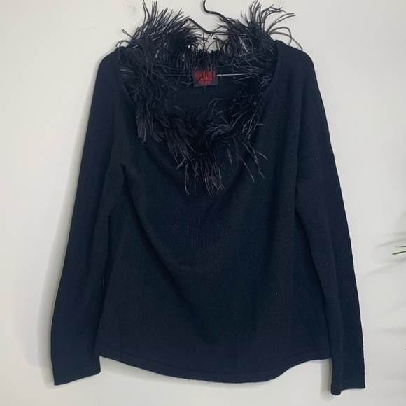 Happy Sheep NWOT Black 100% Cashmere Feather Neckline Off/On Shoulder Sweater M - Picture 1 of 12